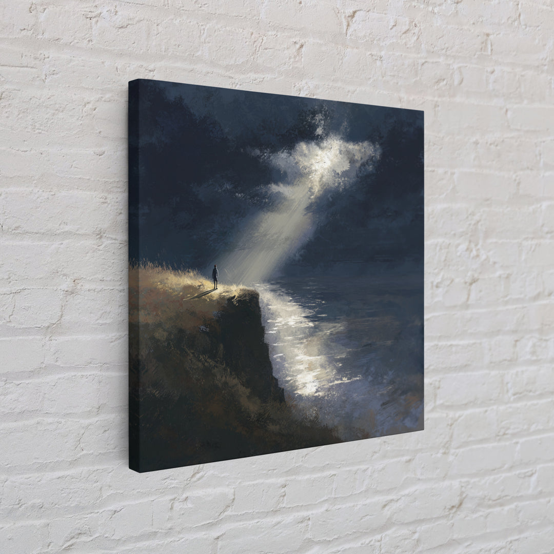 Lone Figure On Moonlit Cliff Wall Art, Moody Seascape, Dramatic Ocean Landscape, Dark Academia, Coastal Canvas Print, Fine Art Print