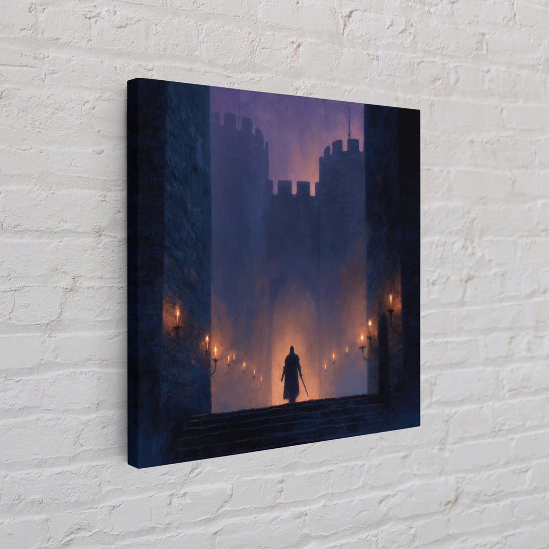 Cloaked Warrior At Castle Gate Wall Art, Dark Fantasy Canvas Print, Medieval Gothic Decor, Moody Game Room Art Gift For Him