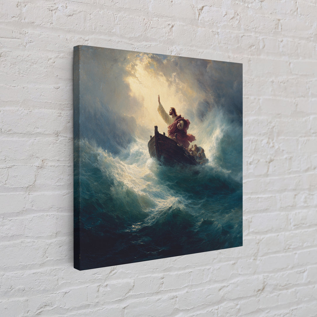 Jesus Calming The Storm At Sea Canvas Print, Biblical Ocean Painting, Christian Wall Art, Faith Gift For Prayer Room Decor