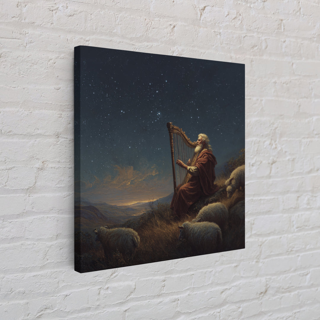 Biblical Shepherd Playing Harp Under Stars Canvas Print, David Psalm Wall Art, Celestial Christian Decor, Peaceful Gift For Her