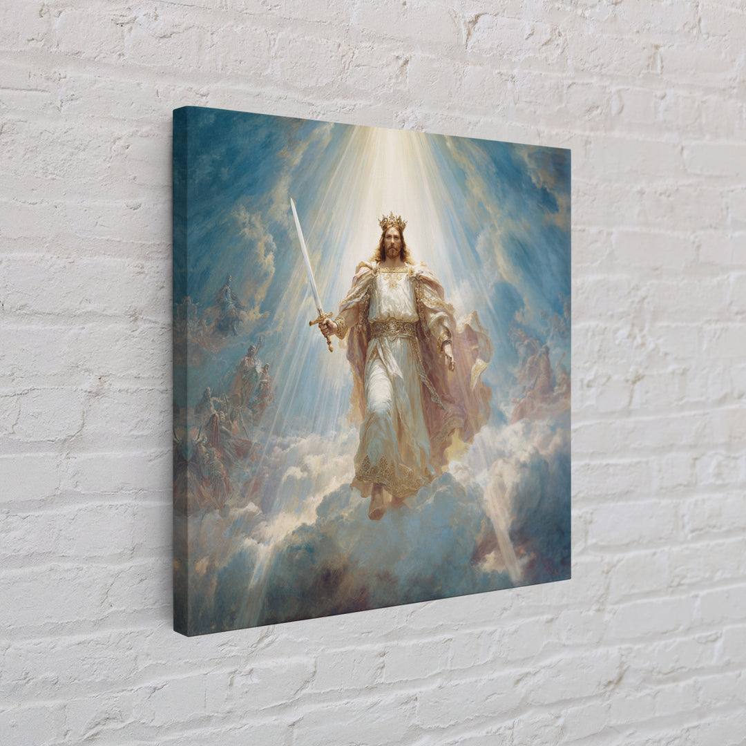 Radiant Jesus Warrior In Clouds Wall Art, Christian Framed Canvas Print, Biblical Religious Home Decor Gift For Prayer Room