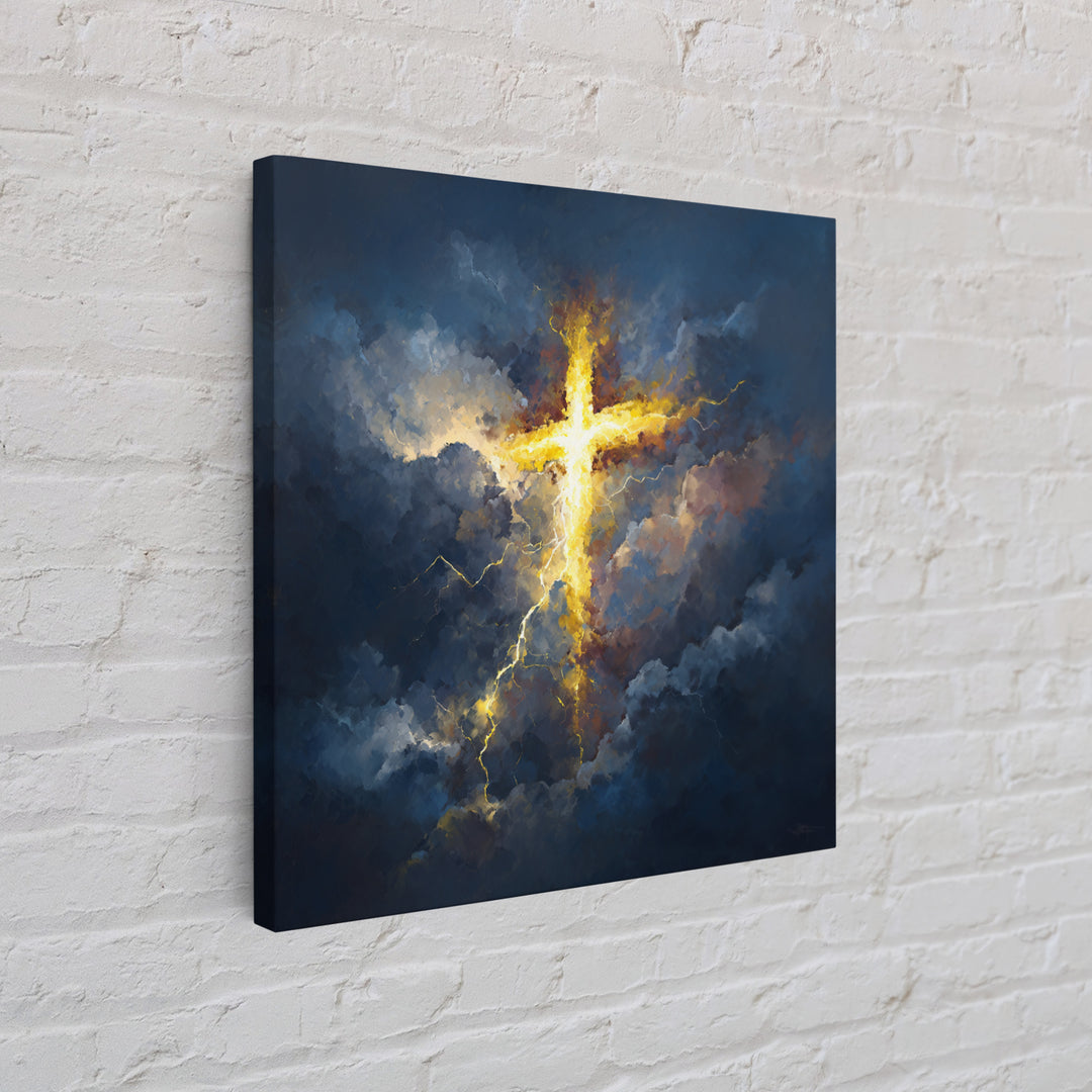 Glowing Cross In Storm Clouds Canvas Print, Christian Wall Art, Spiritual Gift, Faith Inspired Home Decor, Bible Verse Decor
