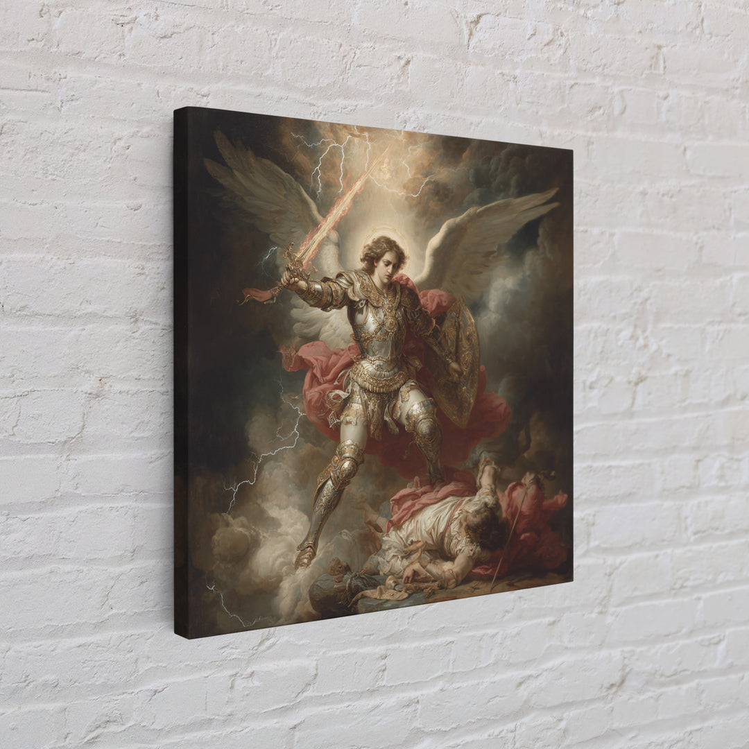 Archangel Michael Defeating Demon Framed Canvas Print, Baroque Religious Wall Art, Catholic Gift, Dramatic Fine Art Print