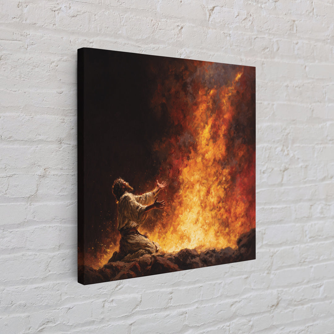 Kneeling Prophet Before Blazing Fire Wall Art, Biblical Painting, Spiritual Canvas Wall Art, Dramatic Christian Home Decor