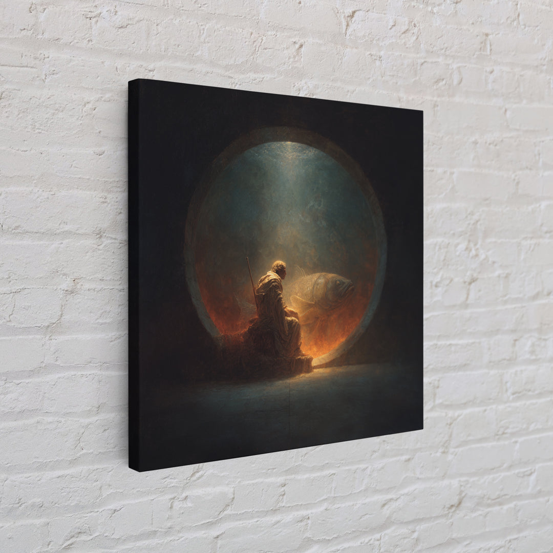 Surreal Fisherman And Giant Fish Canvas Print, Dark Fantasy Art, Moody Wall Decor, Unique Statement Artwork, Fine Art Print