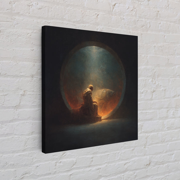 Surreal Fisherman And Giant Fish Canvas Print, Dark Fantasy Art, Moody Wall Decor, Unique Statement Artwork, Fine Art Print