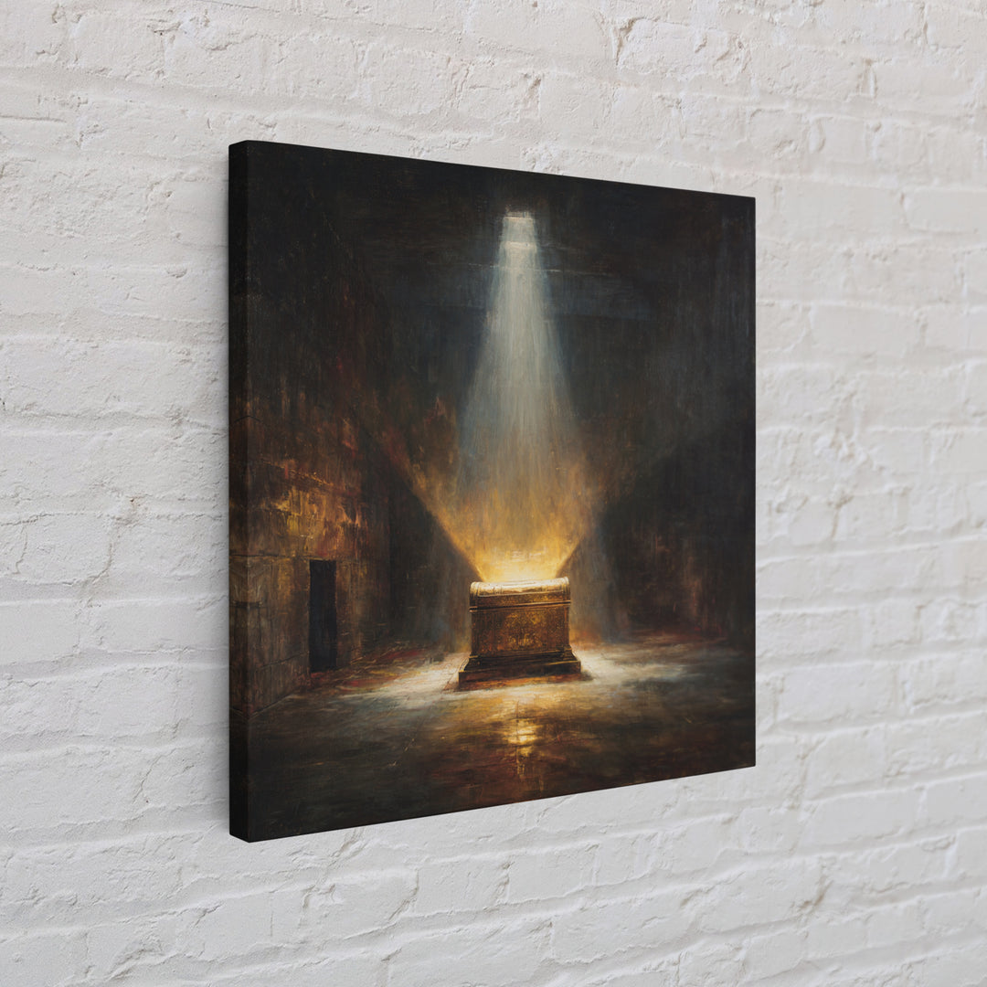 Glowing Ark In Ancient Chamber Framed Canvas Print, Dark Academia Wall Art, Biblical Oil Painting, Spiritual Home Decor Print