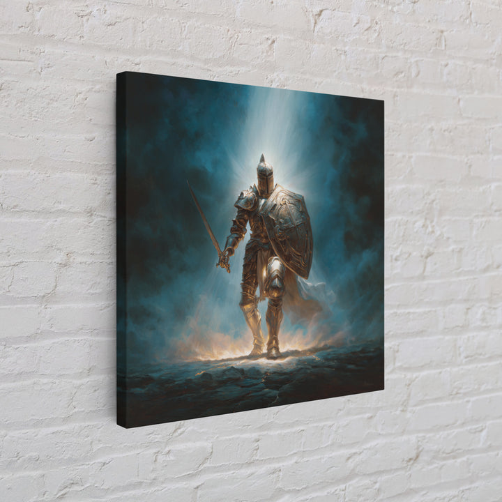 Heroic Silver Knight With Sword And Shield Wall Art, Fantasy Warrior Framed Canvas Print, Gothic Decor, Dramatic Office Art