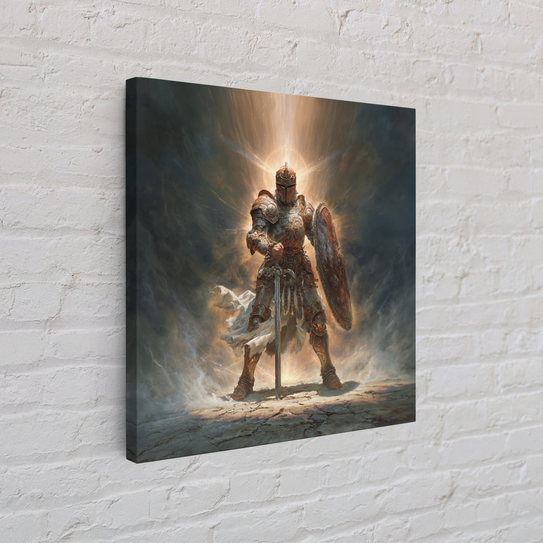 Glowing Medieval Knight Framed Canvas Print, Fantasy Wall Art, Warrior Armor Painting For Man Cave Decor And Gift For Him