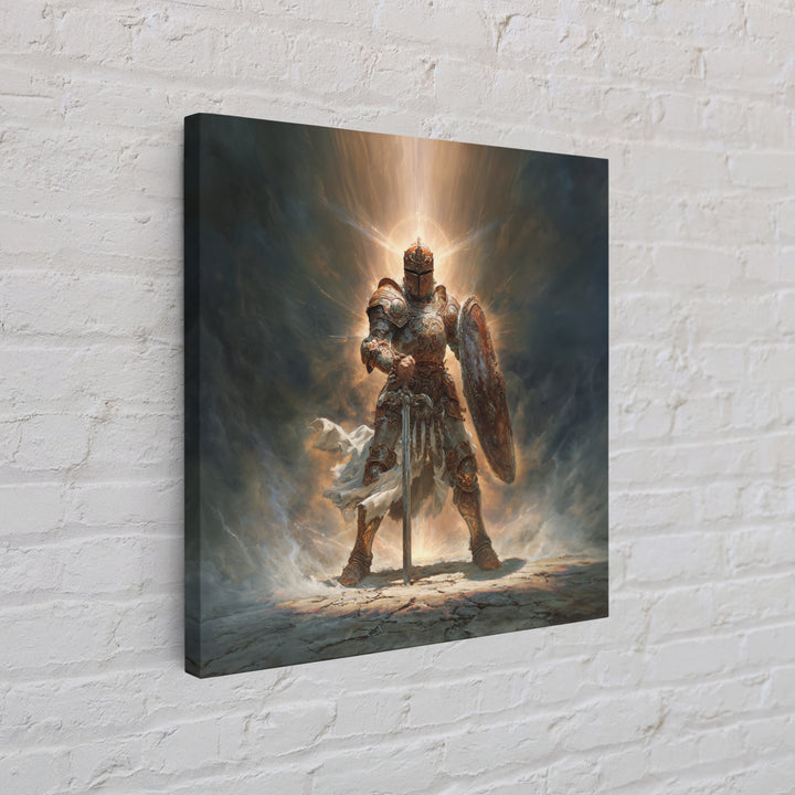 Glowing Medieval Knight Framed Canvas Print, Fantasy Wall Art, Warrior Armor Painting For Man Cave Decor And Gift For Him