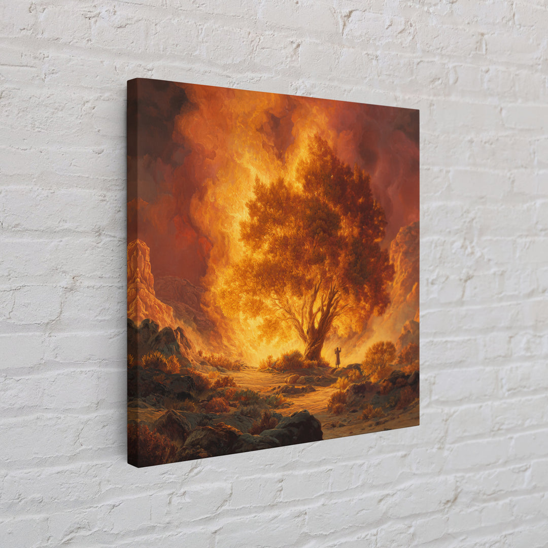 Fiery Burning Bush In Desert Wall Art, Biblical Christian Canvas Print, Spiritual Landscape Decor, Religious Housewarming Gift