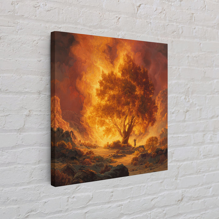 Fiery Burning Bush In Desert Wall Art, Biblical Christian Canvas Print, Spiritual Landscape Decor, Religious Housewarming Gift