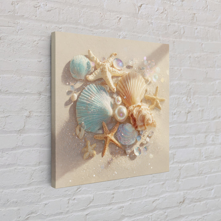 Seashells Starfish And Pearls Wall Art, Coastal Beach Canvas Print, Ocean Life Decor For Bathroom Or Beach House Home Decor