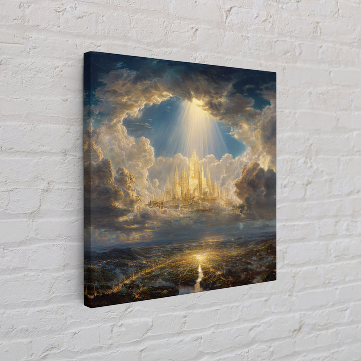 Golden Celestial City Above Clouds Wall Art, Heavenly Fantasy Canvas Print, Spiritual Landscape Decor, Statement Artwork Gift