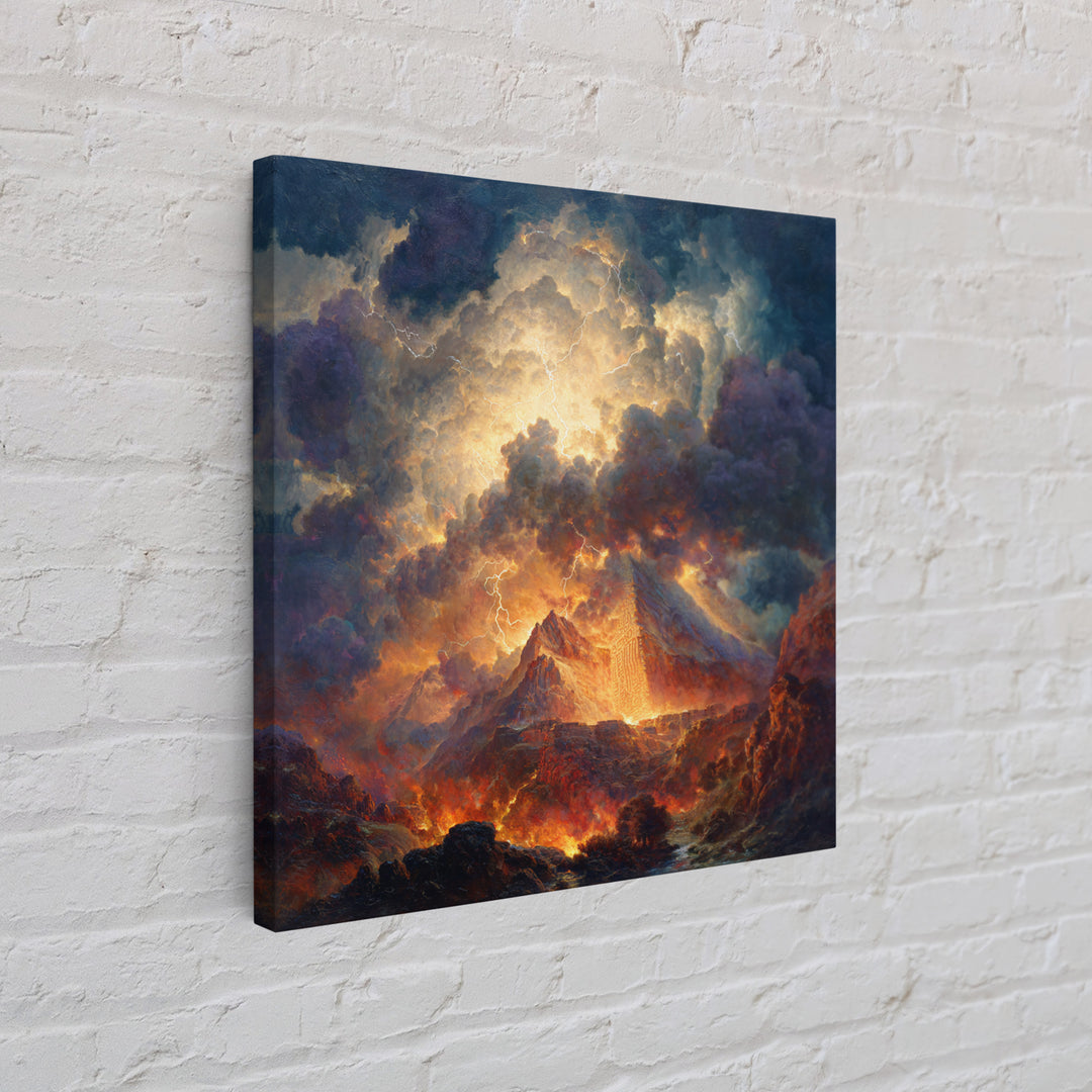Volcanic Pyramid Storm Canvas Print, Fantasy Landscape Wall Art, Dramatic Lightning Decor, Dark Academia Statement Artwork