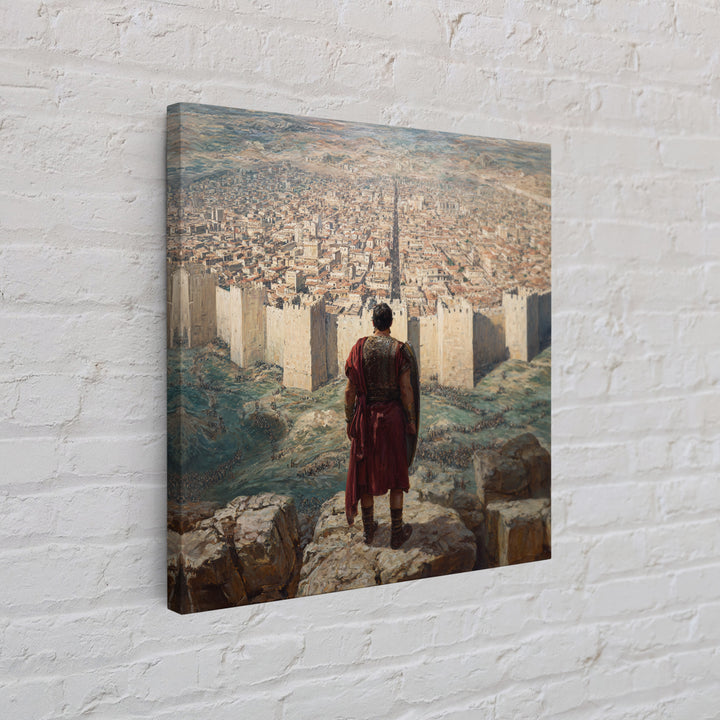 Warrior Over Ancient Walled City Wall Art, Biblical Landscape Framed Canvas Print, Historical Masculine Office Decor Gift
