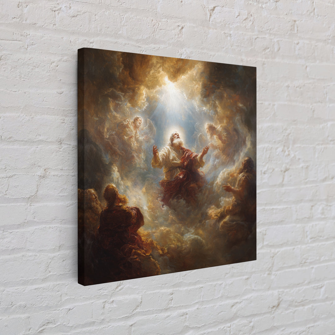 Biblical Prophet Ascending In Golden Clouds Framed Canvas Print, Christian Wall Art, Religious Home Decor, Prayer Room Gift