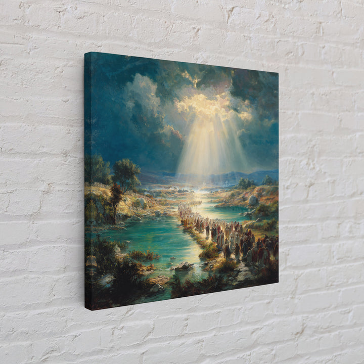 Biblical River Crossing Canvas Print, Radiant Sunbeams Over Sacred Landscape, Christian Wall Art, Religious Home Decor, Prayer Room Decor