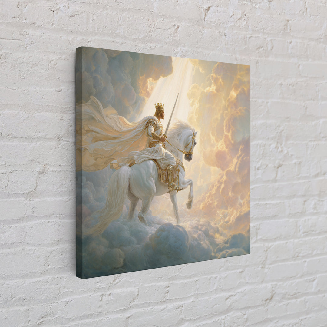 Heavenly King On White Horse Wall Art, Biblical Fantasy Art Print, Christian Home Decor, Ethereal Clouds Framed Canvas Print