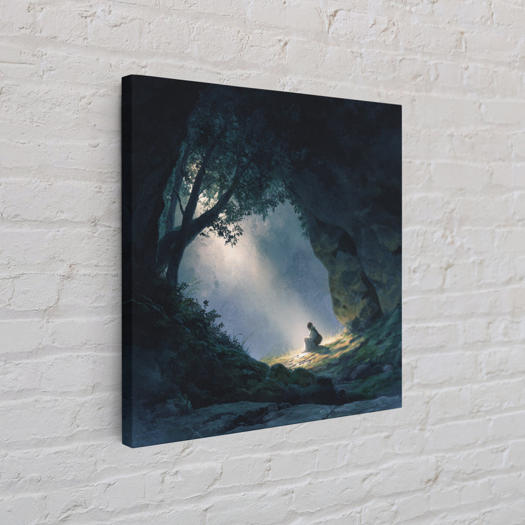 Mystic Cave Seeker Framed Canvas Print, Fantasy Wall Art, Moody Forest Decor, Surreal Adventure Art, Meditation Room Decor