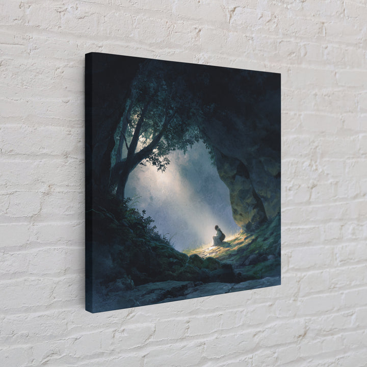 Mystic Cave Seeker Framed Canvas Print, Fantasy Wall Art, Moody Forest Decor, Surreal Adventure Art, Meditation Room Decor