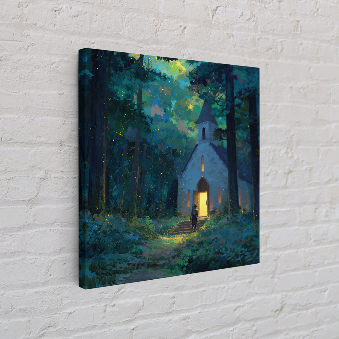 Glowing Chapel In Enchanted Forest Wall Art, Whimsical Christian Canvas Print, Fairy Tale Decor, Kids Room Art, Nursery Decor