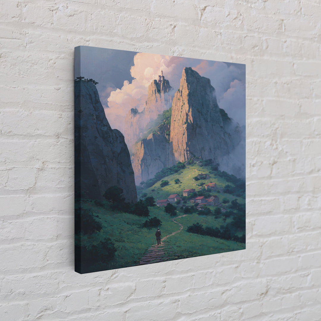 Fantasy Mountain Village Below Castle Wall Art, Dreamy Landscape Print, Storybook Decor, Whimsical Fantasy Art, Nursery Wall Art