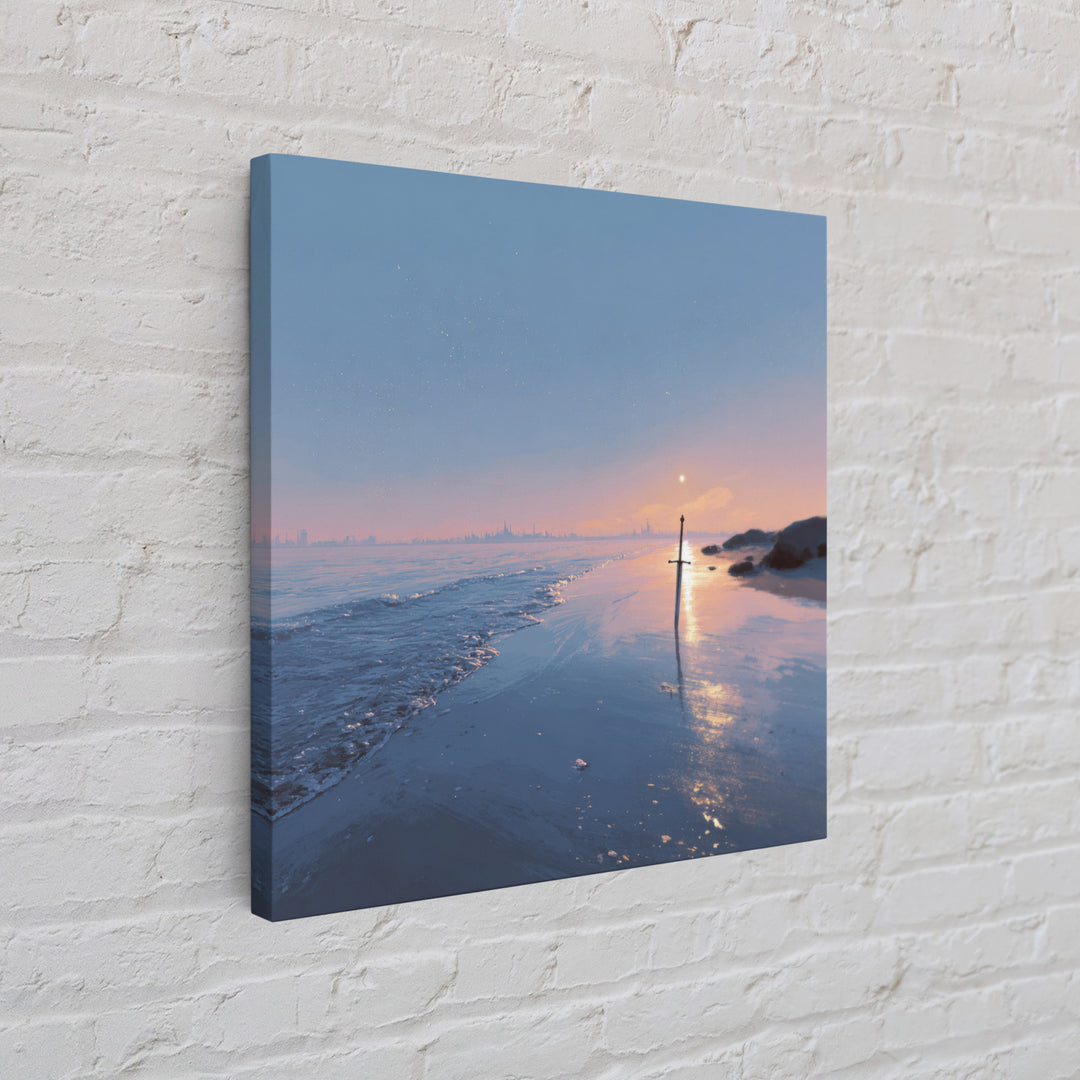 Pastel Beach Sunset With Sword Reflection Wall Art, Coastal Canvas Print, Minimal Ocean Landscape Bedroom Decor Gift For Her