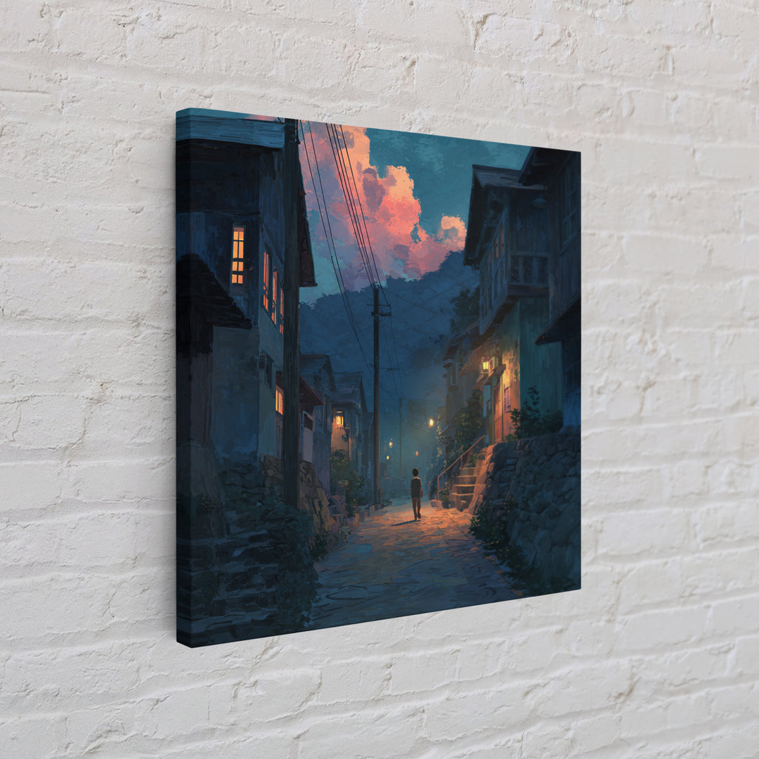 Child Walking Through Twilight Mountain Village Canvas Print, Moody Alley Wall Art, Cozy Blue Landscape, Whimsical Decor