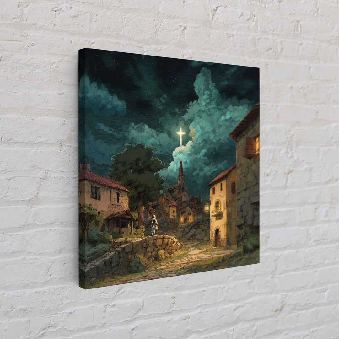 Moonlit Christian Village With Glowing Cross Wall Art, Storybook Church Canvas Print, Rustic Faith Decor For Cozy Home Decor