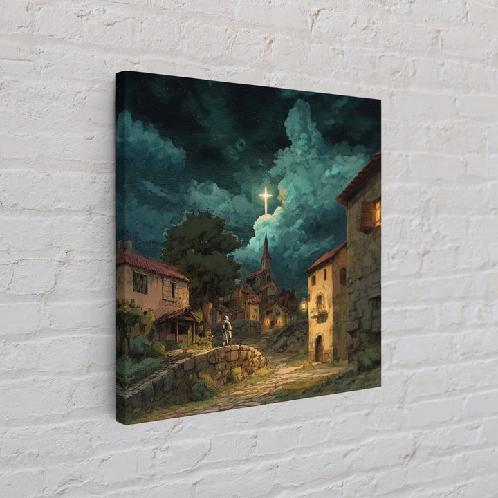 Moonlit Christian Village With Glowing Cross Wall Art, Storybook Church Canvas Print, Rustic Faith Decor For Cozy Home Decor