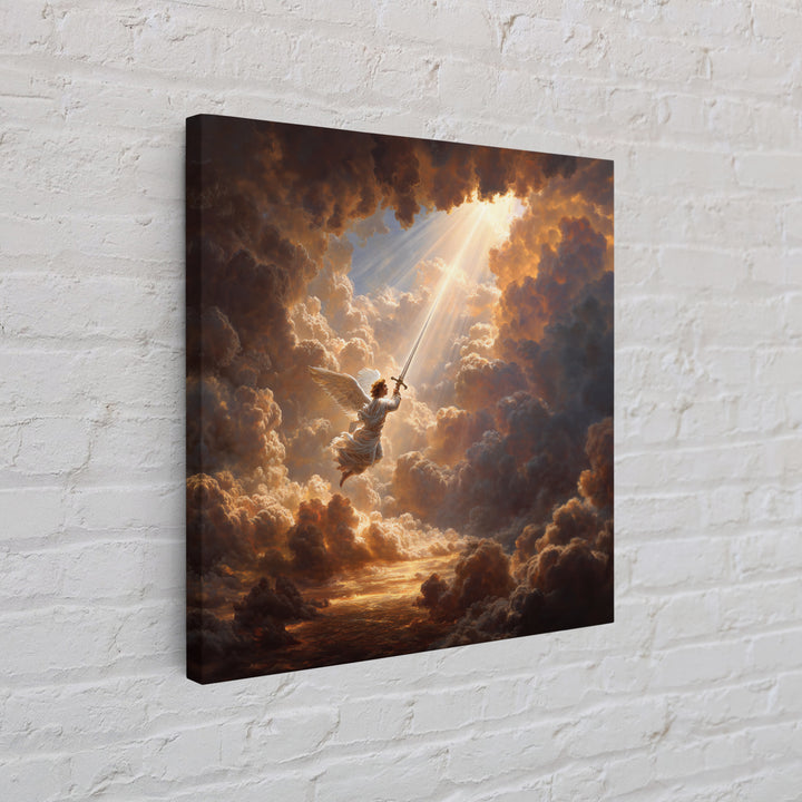 Angelic Warrior In Storm Clouds Framed Canvas Print, Christian Wall Art, Celestial Sword Painting For Prayer Room Decor Gift