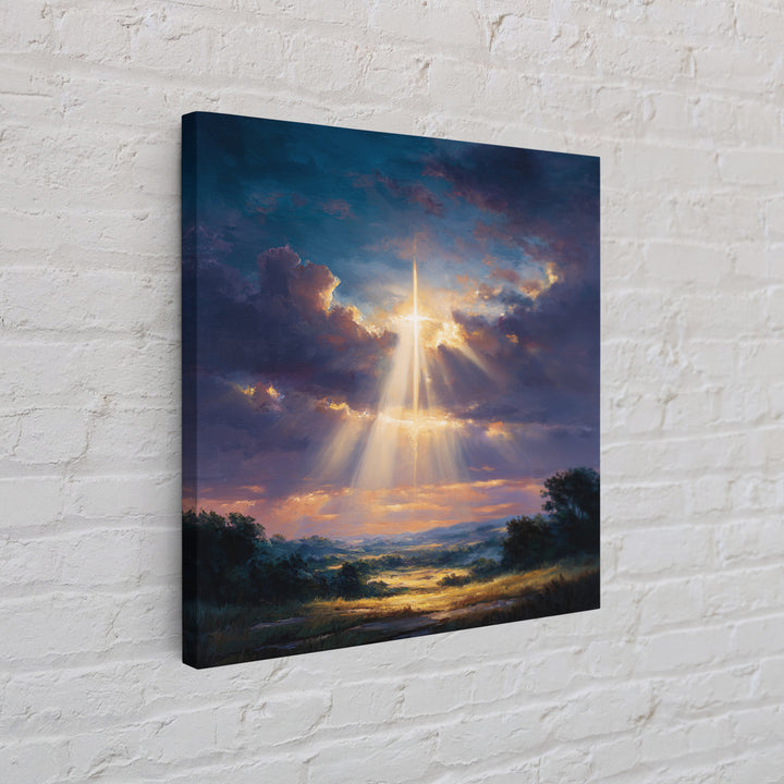 Radiant Cross Above Sunrise Valley Wall Art, Christian Landscape Canvas Print, Spiritual Decor, Inspirational Faith Gift