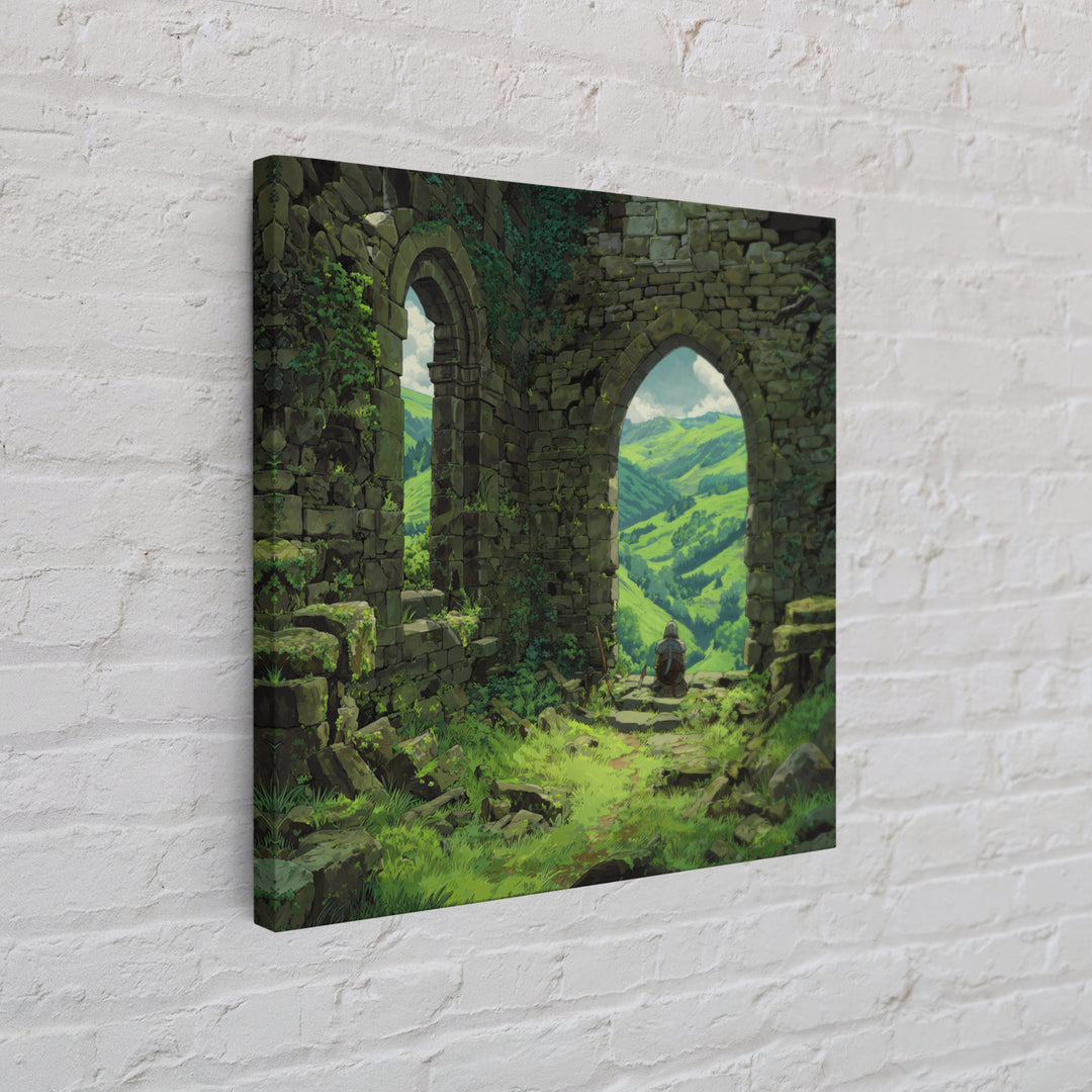 Castle Ruins Green Valley Knight Wall Art, Fantasy Landscape Canvas Print, Medieval Adventure Home Decor, Gamer Gift For Him