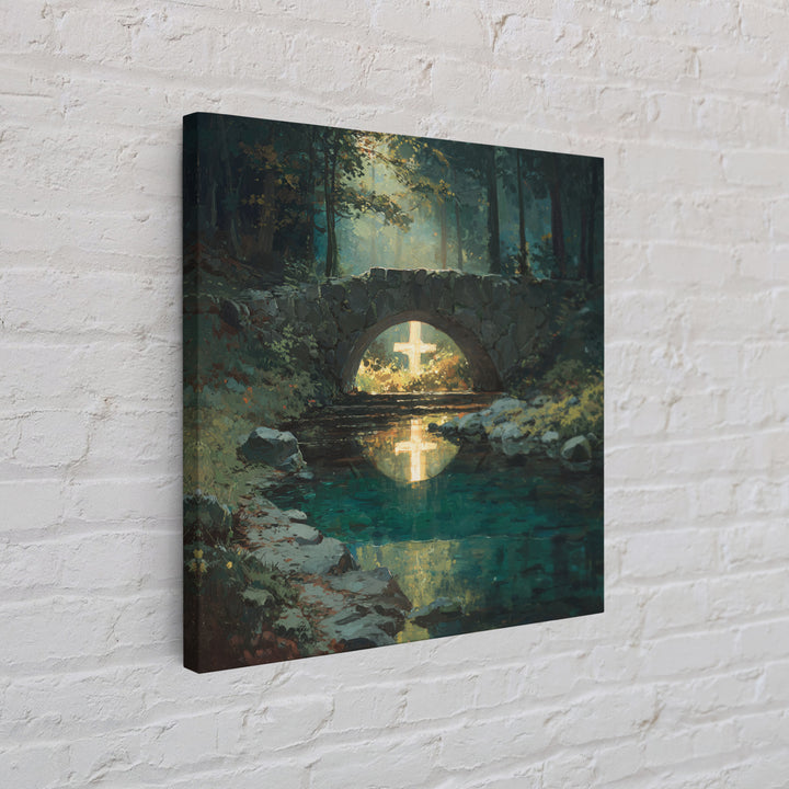 Glowing Cross Beneath Stone Bridge Framed Canvas Print, Christian Wall Art, Forest Stream Landscape, Calming Home Decor Gift