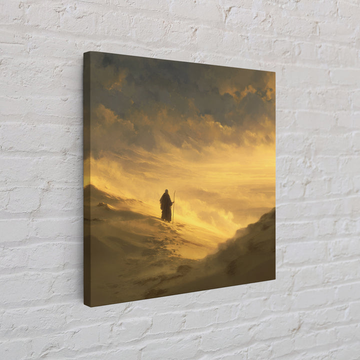 Lone Pilgrim Crossing Golden Desert Wall Art, Spiritual Landscape Canvas Print, Minimalist Desert Decor, Warm Neutral Home Decor