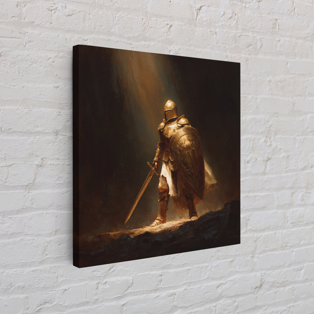 Golden Knight With Sword Canvas Print, Dark Fantasy Warrior Wall Art, Medieval Armor Painting, Masculine Office Decor, Gift For Him
