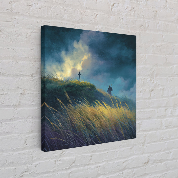 Solitary Pilgrim Near Cross Wall Art, Moody Christian Canvas Print, Windy Grassland, Spiritual Landscape Decor Gift For Him