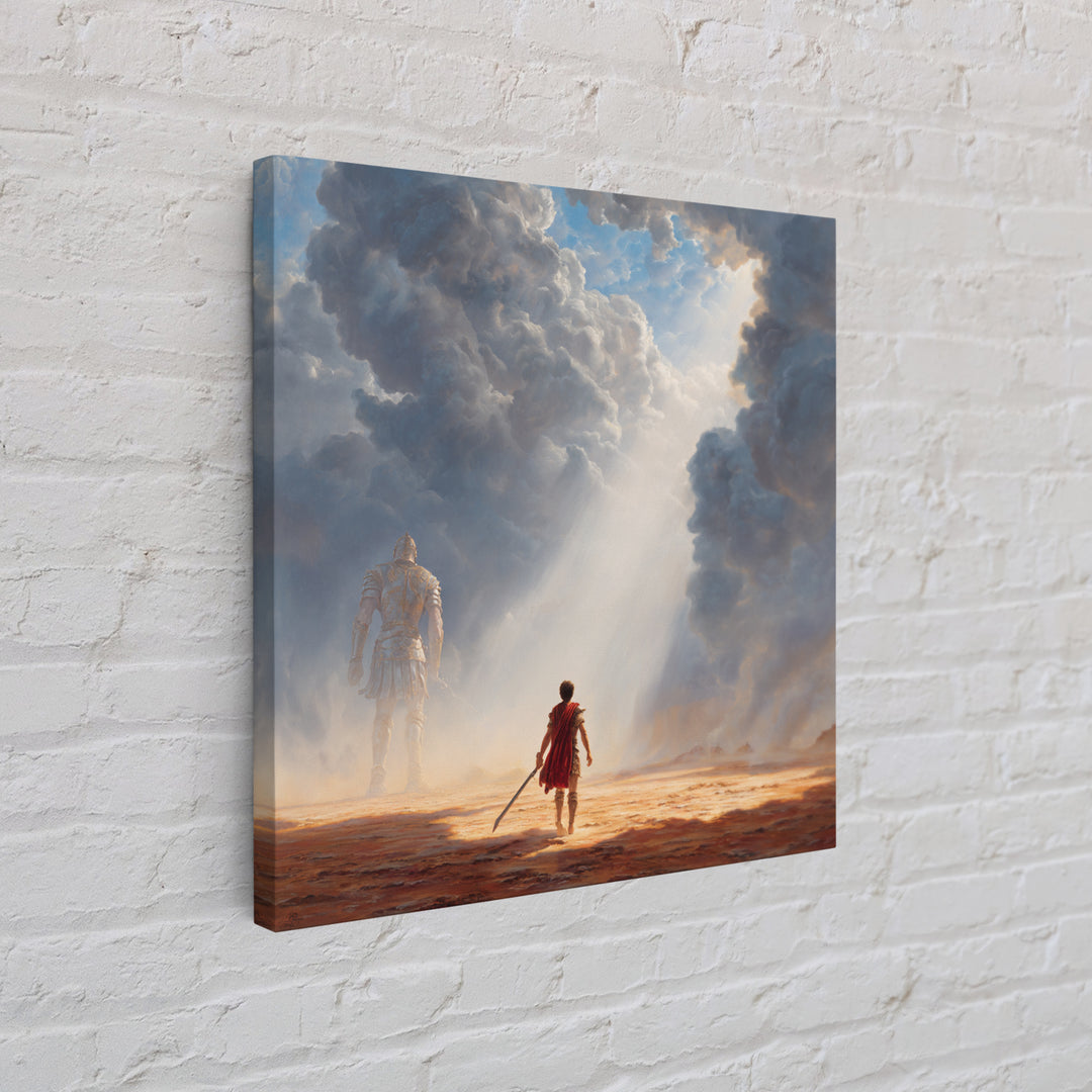 Young Hero Facing Cloud Giant Wall Art, Epic Fantasy Landscape Canvas Print, Mythological Adventure Decor, Gift For Gamer