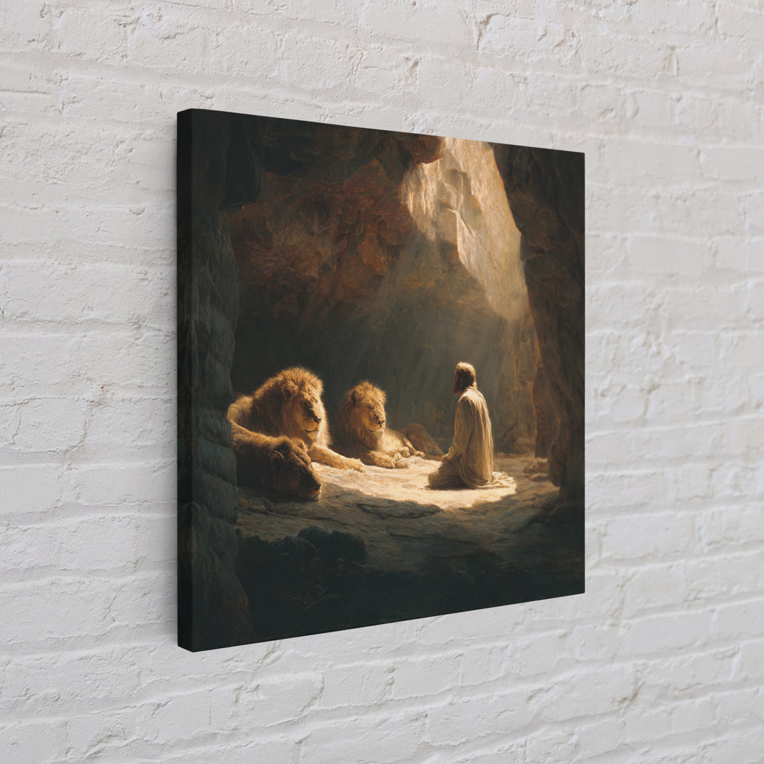Daniel With Lions In Cave Wall Art, Biblical Christian Canvas Print, Jesus Artwork, Religious Home Decor Gift For Prayer Room