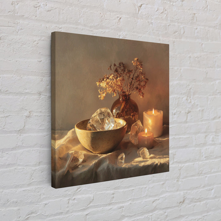 Glowing Candles Crystals And Dried Flowers Wall Art, Spiritual Still Life Canvas Print, Cozy Spa Decor For Bedroom And Meditation Room