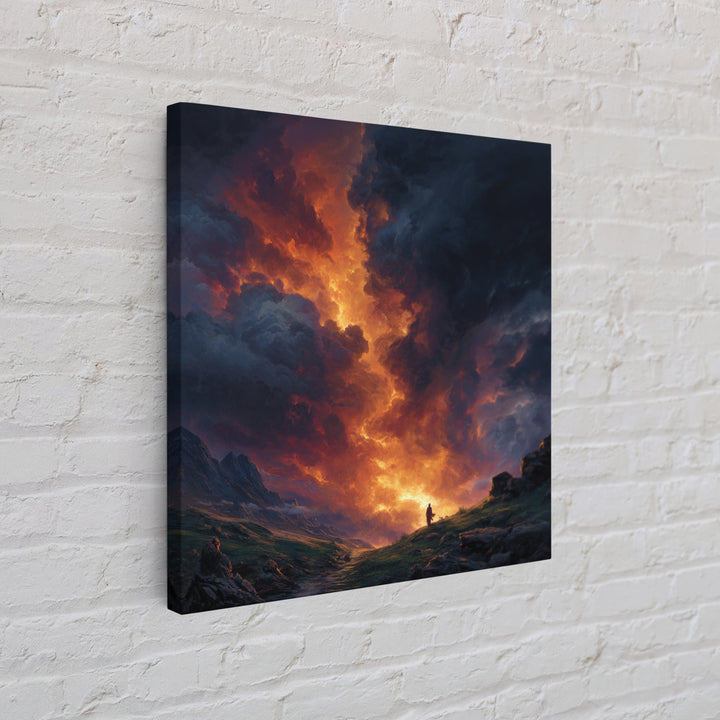 Fiery Mountain Storm At Sunset Wall Art, Dramatic Fantasy Landscape Canvas Print, Moody Maximalist Living Room Decor Gift