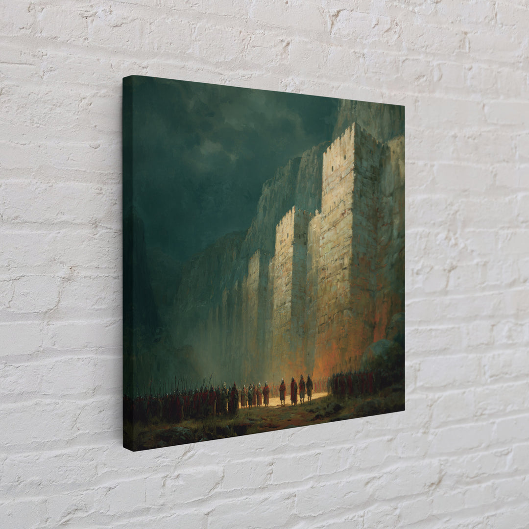Towering Fortress In Misty Canyon Canvas Print, Epic Fantasy Wall Art, Medieval Castle Decor, Large Statement Artwork Print
