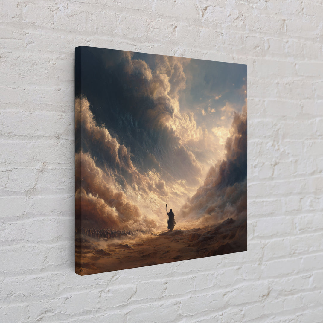 Biblical Sea Parting Prophet In Golden Storm Wall Art, Christian Canvas Print, Dramatic Religious Housewarming Gift Home Decor