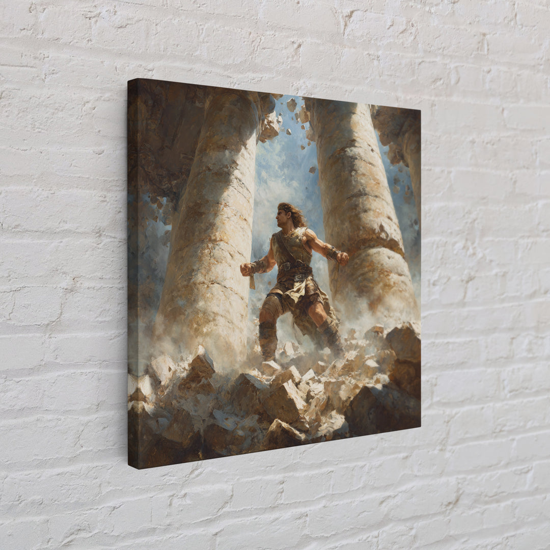 Heroic Warrior Among Crumbling Columns Wall Art, Fantasy Canvas Print, Ancient Ruins Decor, Mythology Artwork Gift For Him