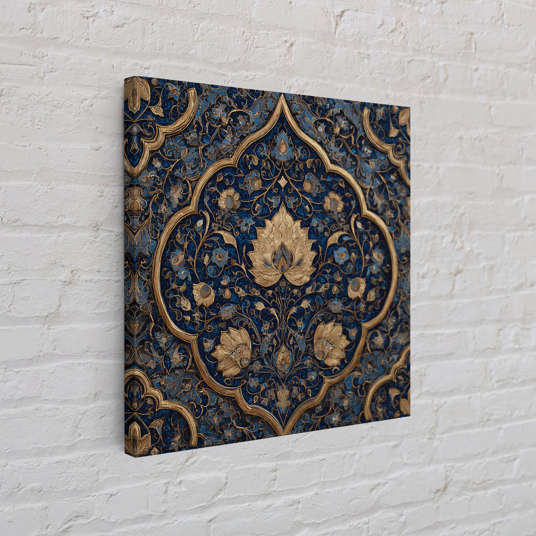 Ornate Blue Gold Islamic Floral Pattern Wall Art, Moroccan Tile Canvas Print, Elegant Arabic Home Decor For Living Room Wall