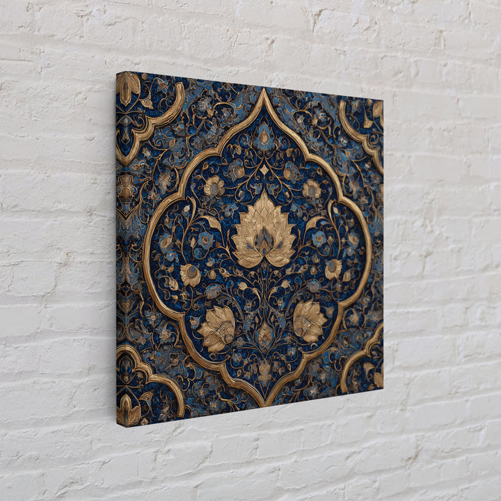Ornate Blue Gold Islamic Floral Pattern Wall Art, Moroccan Tile Canvas Print, Elegant Arabic Home Decor For Living Room Wall