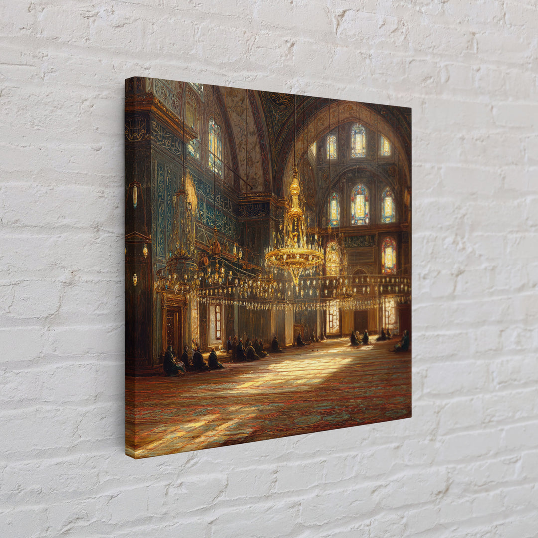 Ornate Mosque Chandelier Wall Art, Islamic Interior Canvas Print, Arabic Calligraphy Decor, Prayer Room Framed Canvas Art