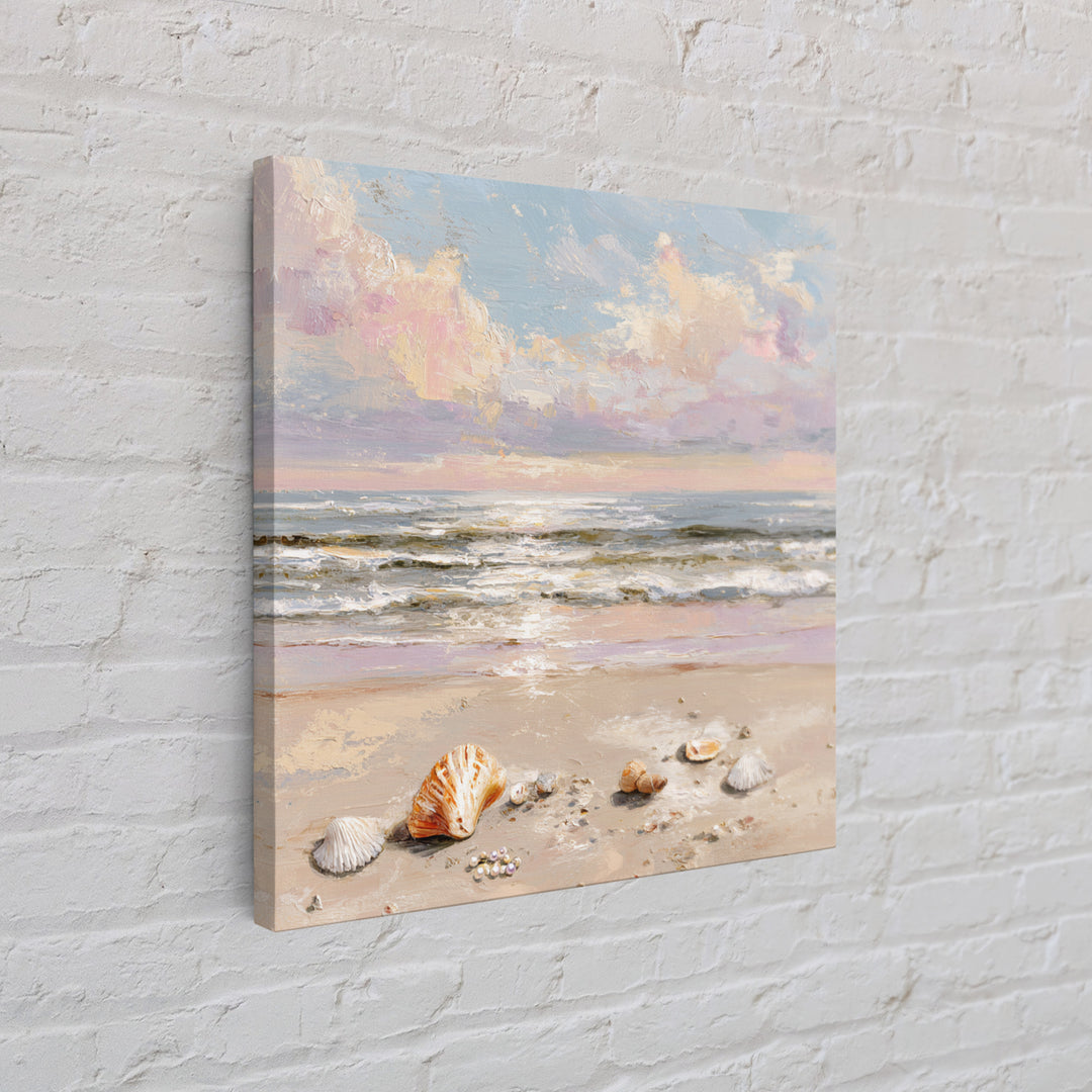 Pastel Ocean Waves And Seashells Wall Art, Coastal Seascape Framed Canvas Print, Beach House Living Room Decor For Bedroom