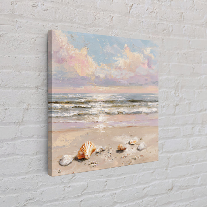 Pastel Ocean Waves And Seashells Wall Art, Coastal Seascape Framed Canvas Print, Beach House Living Room Decor For Bedroom